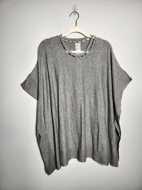 NWT Chico's Gray Pearl Beaded Neck Oversized Poncho Batwing Knit Top Sweater S/M